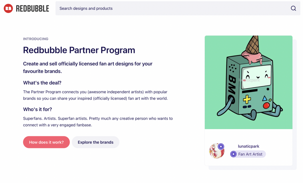 Screencap of the Redbubble page about the fanart partnership program